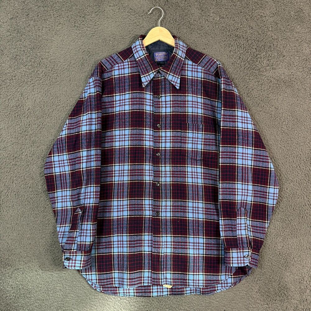 Vintage Pendleton Lodge Shirt Mens Large Blue Plaid Virgin Wool Long Sleeve USA
